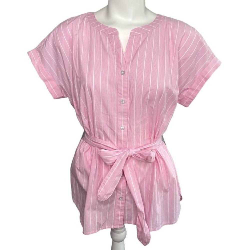 Talbots Pink White Stripe Dolman Short Sleeve Button Down Belted LP Large Petite